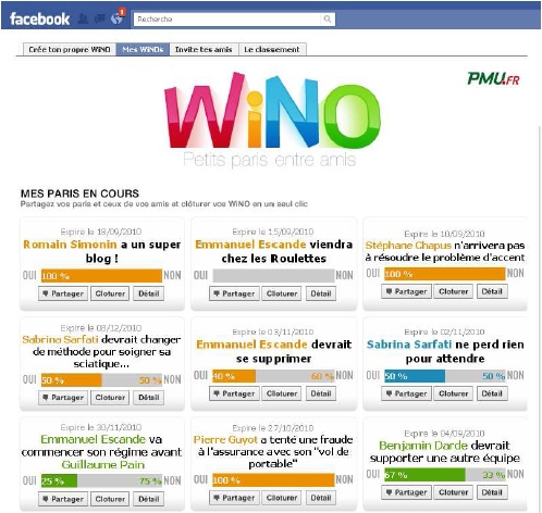 PMU Wino L'application Facebook de paris entre amis